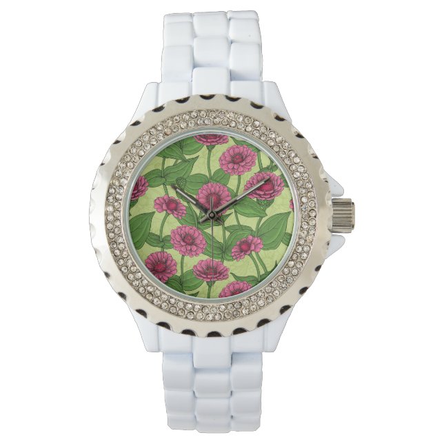 Montre Zinnias rose sur vert clair (devant)