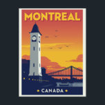 Montreal Clock Tower Vintage Travel Postcard<br><div class="desc">Capture the vibrant energy of Montreal with this striking vintage-style postcard! It features the iconic Clock Tower in the Old Port, silhouetted against a magnificent orange and yellow sunset. This retro illustration perfectly evokes the golden era of travel, showcasing a dramatic view of the city skyline, a bridge, and a...</div>