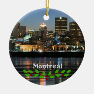 Montreal Skyline with green and red holly Ceramic Ornament