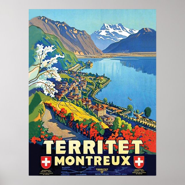 Montreux, Areal view, mountains, lake, Switzerland Poster (Front)