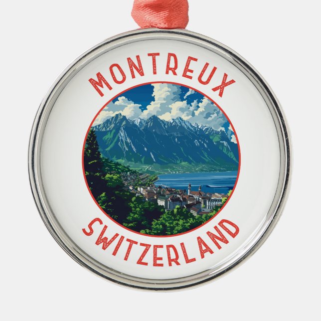 Montreux Switzerland Retro Distressed Circle Metal Ornament (Front)