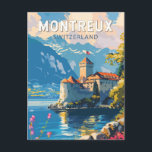 Montreux Switzerland Travel Art Vintage Postcard<br><div class="desc">Montreux retro vector travel design. Montreux is a traditional resort town on Lake Geneva. Nestled between steep hills and the lakeside.</div>