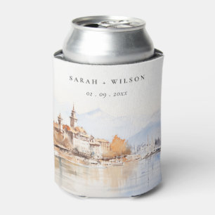 Montreux Switzerland Watercolor Landscape Wedding Can Cooler
