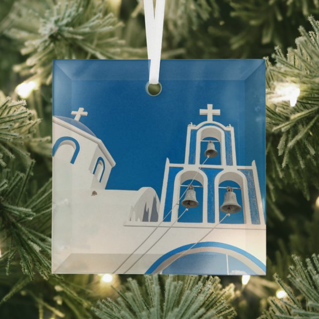 Monuments | Greek Blue Dome Church Glass Ornament (Insitu)