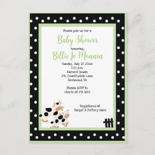 Moo Cow Black white Green Baby Shower Invitation Postcard