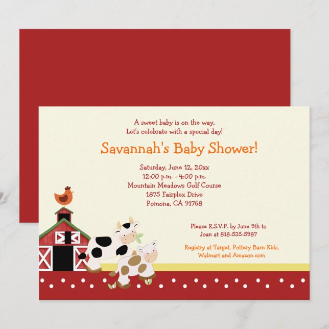 Moo Cow Farm Barnyard Baby Shower Invitations 5x7 (Devant / Derrière)