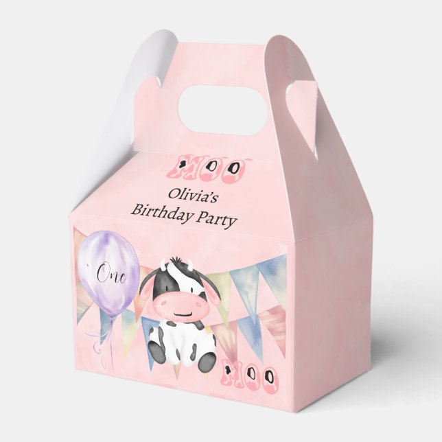 Moo Cow Girl 1st Birthday Party Custom Favor Box (Front Side)