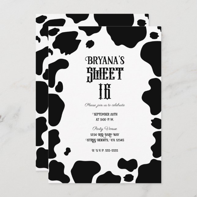 Moo Cow Spots Print Black & White Rustic Sweet 16  Invitation (Front/Back)