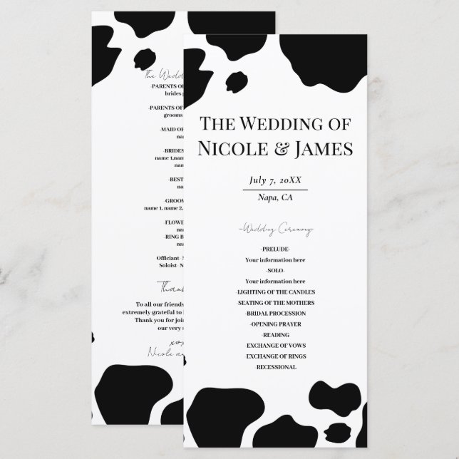 Moo Cow Spots Print Black White Wedding Program (Front/Back)