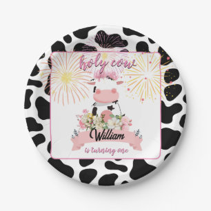 Moo cute floral pink Holy Cow 1st Birthday Paper Plate