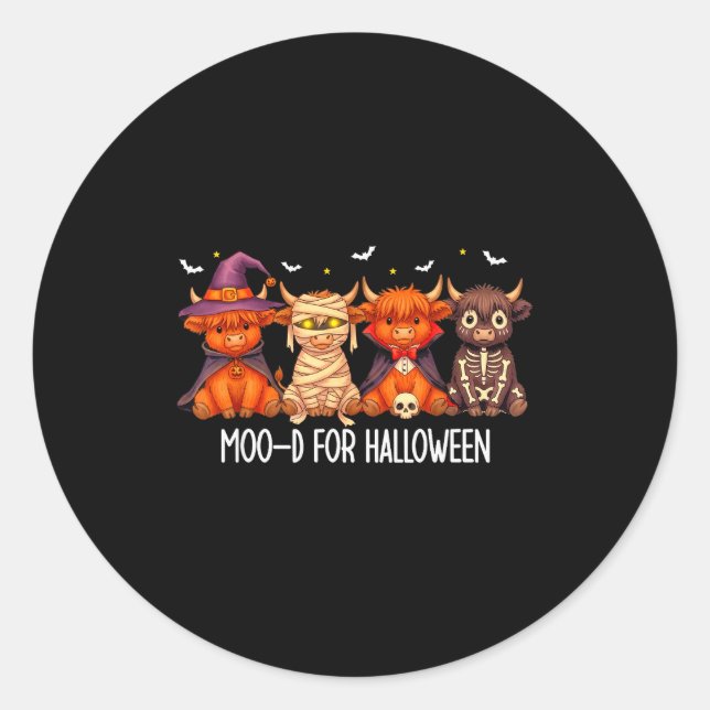 Moo-d For Halloween Boo Ghost Highland Cow Hallowe Classic Round Sticker (Front)