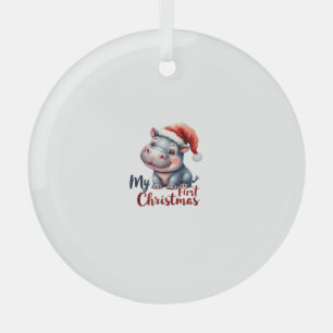 Moo Deng Baby Hippo My First Christmas Cute Santa Glass Ornament