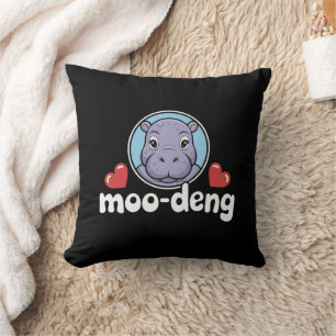 Moo Deng Bouncy Pig in Thai Picture Baby Hippo Throw Pillow