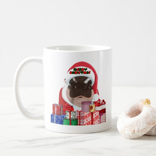 Moo Deng Hippo for Merry Christmas  Coffee Mug (With Donut)