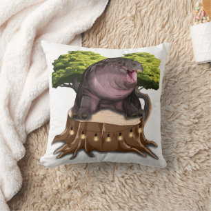 Moo Deng Hippo sits on a tree. Throw Pillow