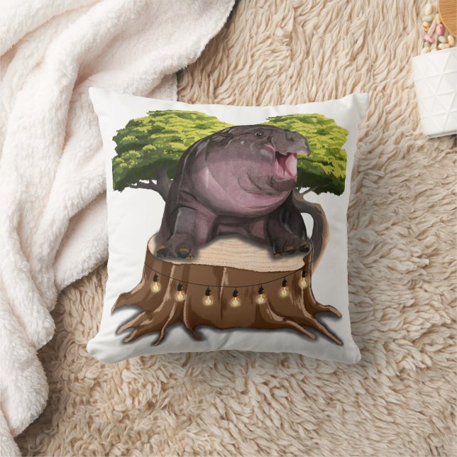 Moo Deng Hippo sits on a tree. Throw Pillow (Blanket)