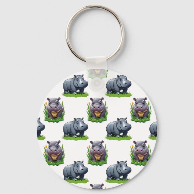 Moo Deng Hippopotamus Animal Pattern Design  Keychain (Front)