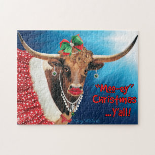 "MOO"-ey Christmas, Longhorn Cow Jigsaw Puzzle