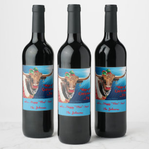 "MOO"-ey Christmas, Longhorn Cow Wine Label