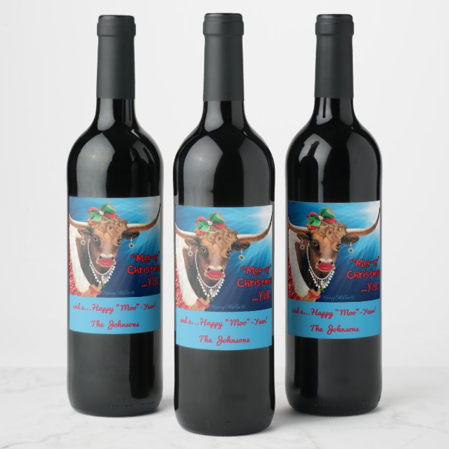 "MOO"-ey Christmas, Longhorn Cow Wine Label (Bottles)