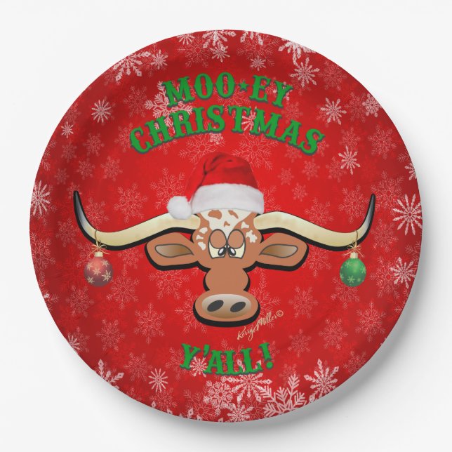 "MOO-ey Christmas,  Longhorn Steer Paper Plate (Front)