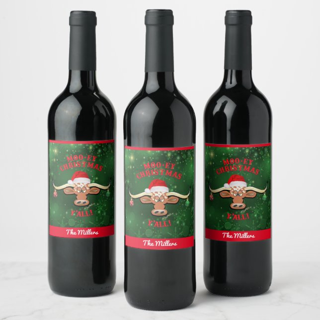 "MOO-ey" Christmas, Longhorn Steer Wine Label (Bottles)