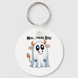 Moo I Mean Boo Funny Highland Cow Ghost Halloween Keychain
