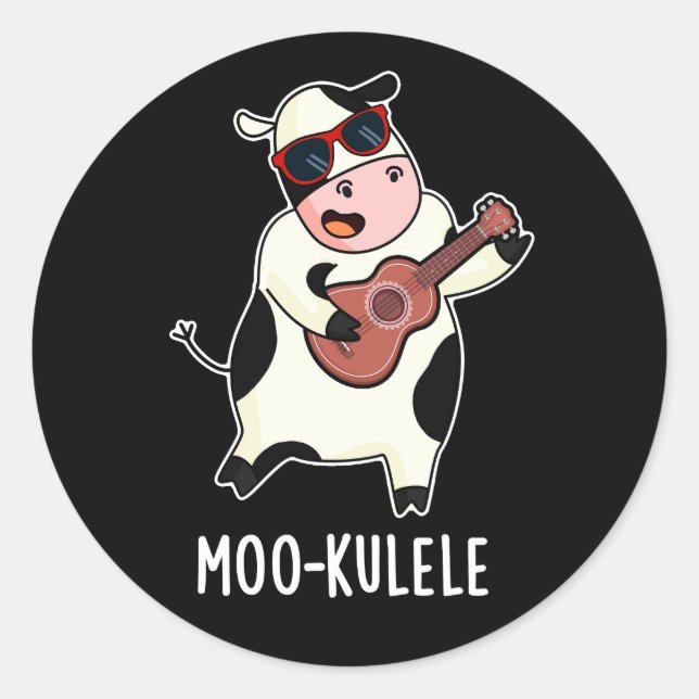 Moo-kulele Funny Ukulele Cow Pun Dark BG Classic Round Sticker (Front)