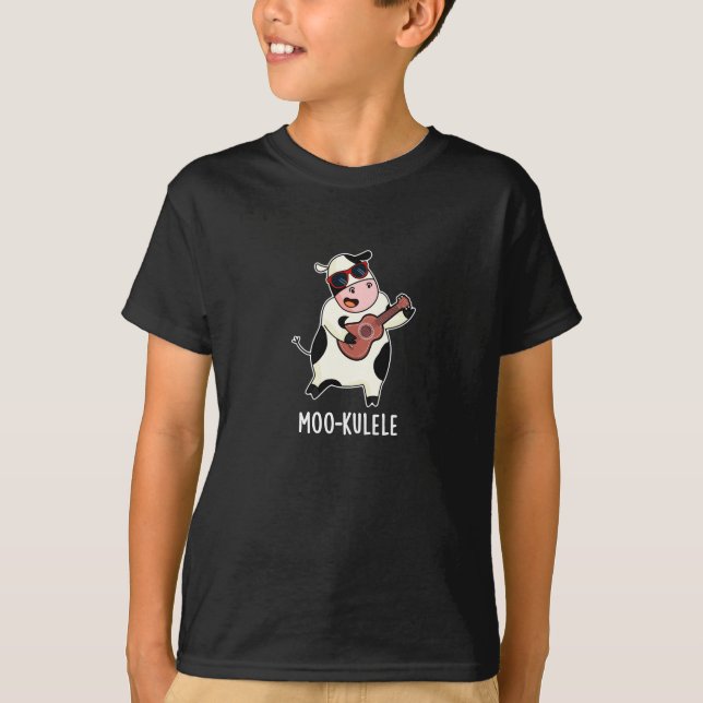 Moo-kulele Funny Ukulele Cow Pun Dark BG T-Shirt (Front)