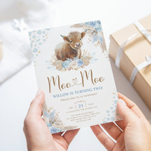 Moo Moo Boho Pampas Blue Highland Cow 2nd Birthday Invitation