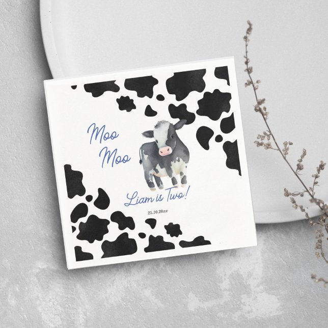 Moo moo cow black and blue cute cow birthday party napkin (Moo moo cow birthday party plates black and blue cute cow party tableware personalized napkins)