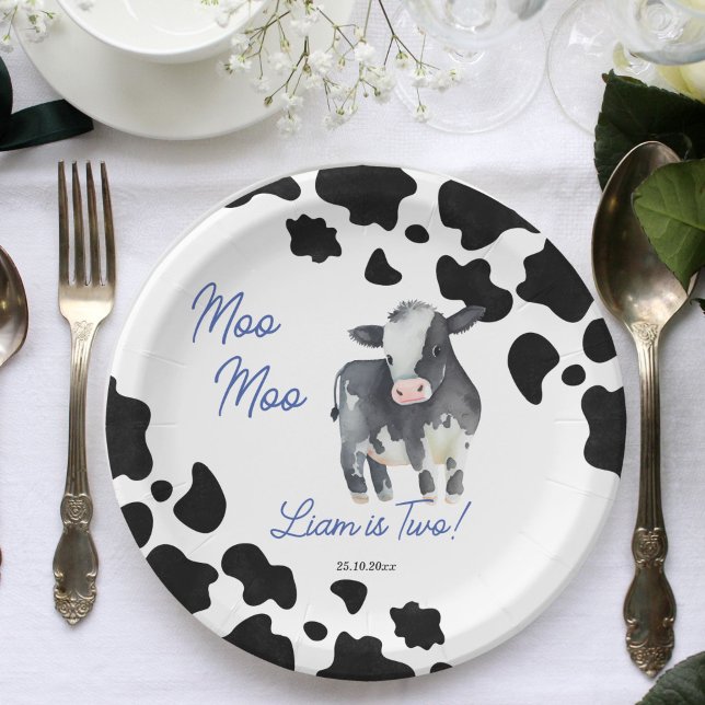 Moo moo cow black and blue cute cow birthday party paper plate (Moo moo cow black and blue cute cow birthday party tableware personalized paper plates cow plates)