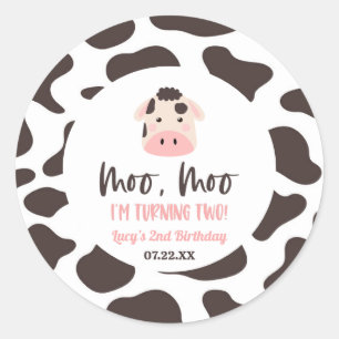 Moo Moo I'm Turning Two Cow 2nd Birthday Party Classic Round Sticker