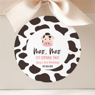 Moo Moo I'm Turning Two Cow 2nd Birthday Party Classic Round Sticker