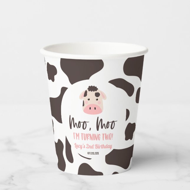 Moo Moo I'm Turning Two Cow 2nd Birthday Party Paper Cups (Front)