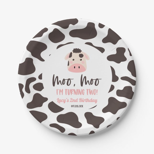 Moo Moo I'm Turning Two Cow 2nd Birthday Party Paper Plate (Front)