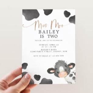 Moo Moo I'm Two Cow 2nd Birthday Invitation