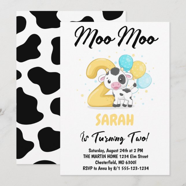 Moo Moo I'm Two Cow 2nd Birthday Party Invitation (Front/Back)