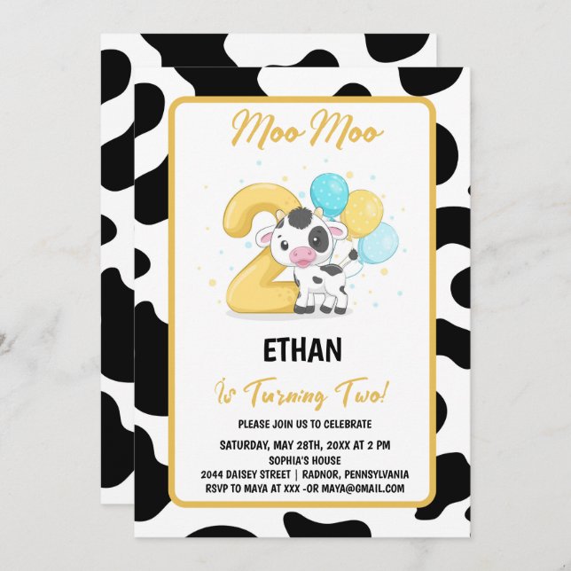 Moo Moo I'm Two Cow 2nd Birthday Party Invitation (Front/Back)