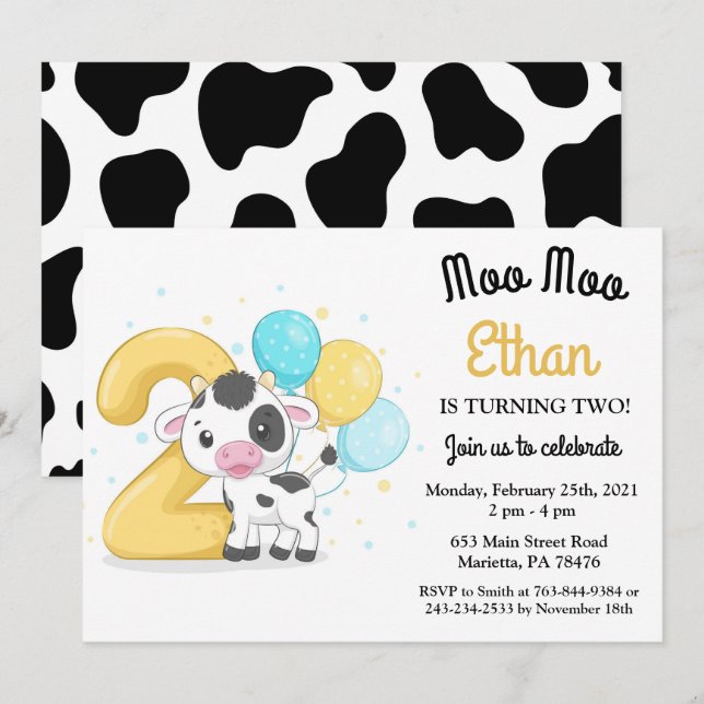 Moo Moo I'm Two Cow 2nd Birthday Party Invitation (Front/Back)