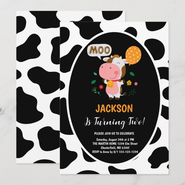 Moo Moo I'm Two Cow 2nd Birthday Party Invitation (Front/Back)