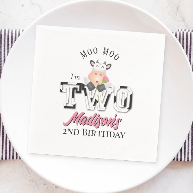 Moo Moo I'm Two Cow Print Farm Girl 2nd Birthday Napkin (Creator Uploaded)