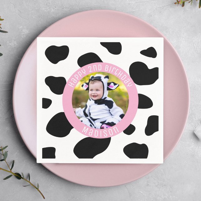 Moo Moo I'm Two Cow Print Farm Girl Birthday Photo Napkin (Creator Uploaded)