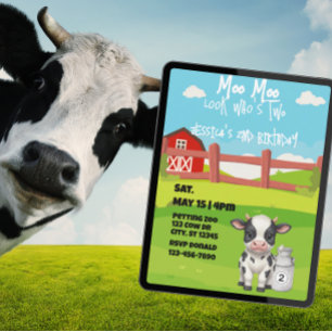 Moo, Moo, look who's TWO, cute cow 2nd birthday Invitation