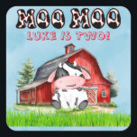 Moo Moo Name Is Two Kids Birthday Party Square Sticker<br><div class="desc">I hope you like this cow with a red barn and green grass with a blue watercolor sky background. Matching invitations and party supplies are available in this collection suite.</div>