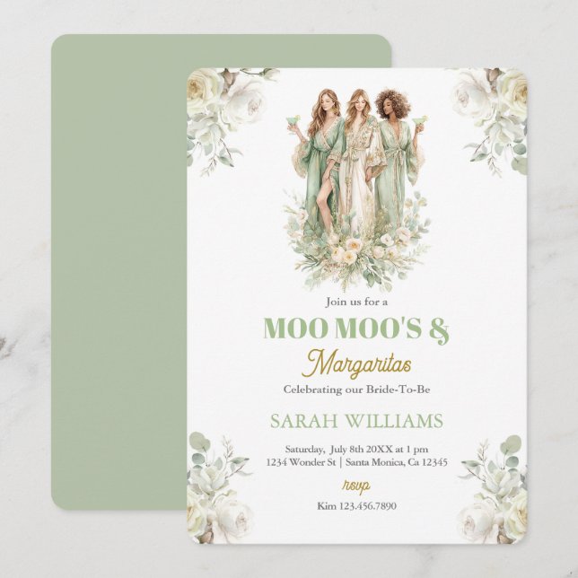 Moo Moos & Margaritas Sage Bridal Shower Invitation (Front/Back)