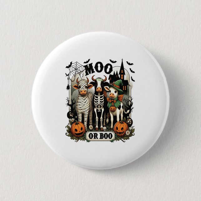Moo or Boo Halloween Cow 2 Inch Round Button (Front)