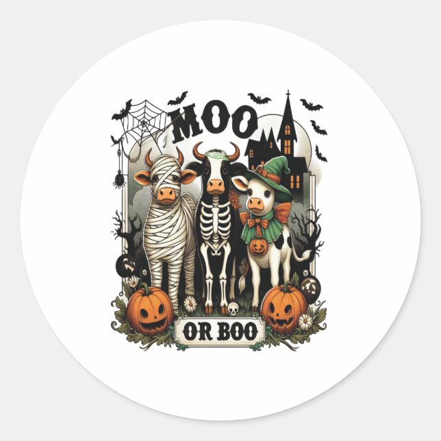 Moo or Boo Halloween Cow Classic Round Sticker (Front)