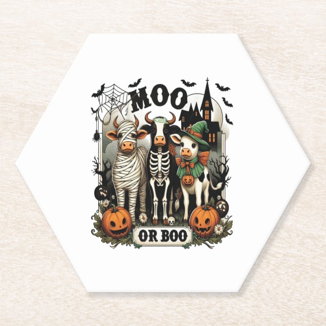Moo or Boo Halloween Cow Paper Coaster (Front)