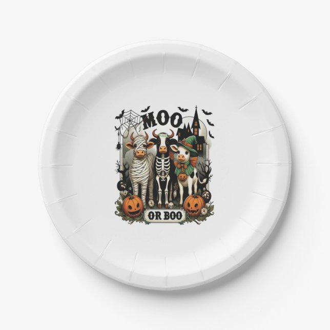 Moo or Boo Halloween Cow Paper Plate (Front)
